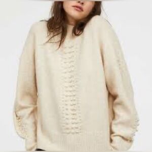 H&M women's bage sweater with pearls puffy sleeves turtleneck Size M
